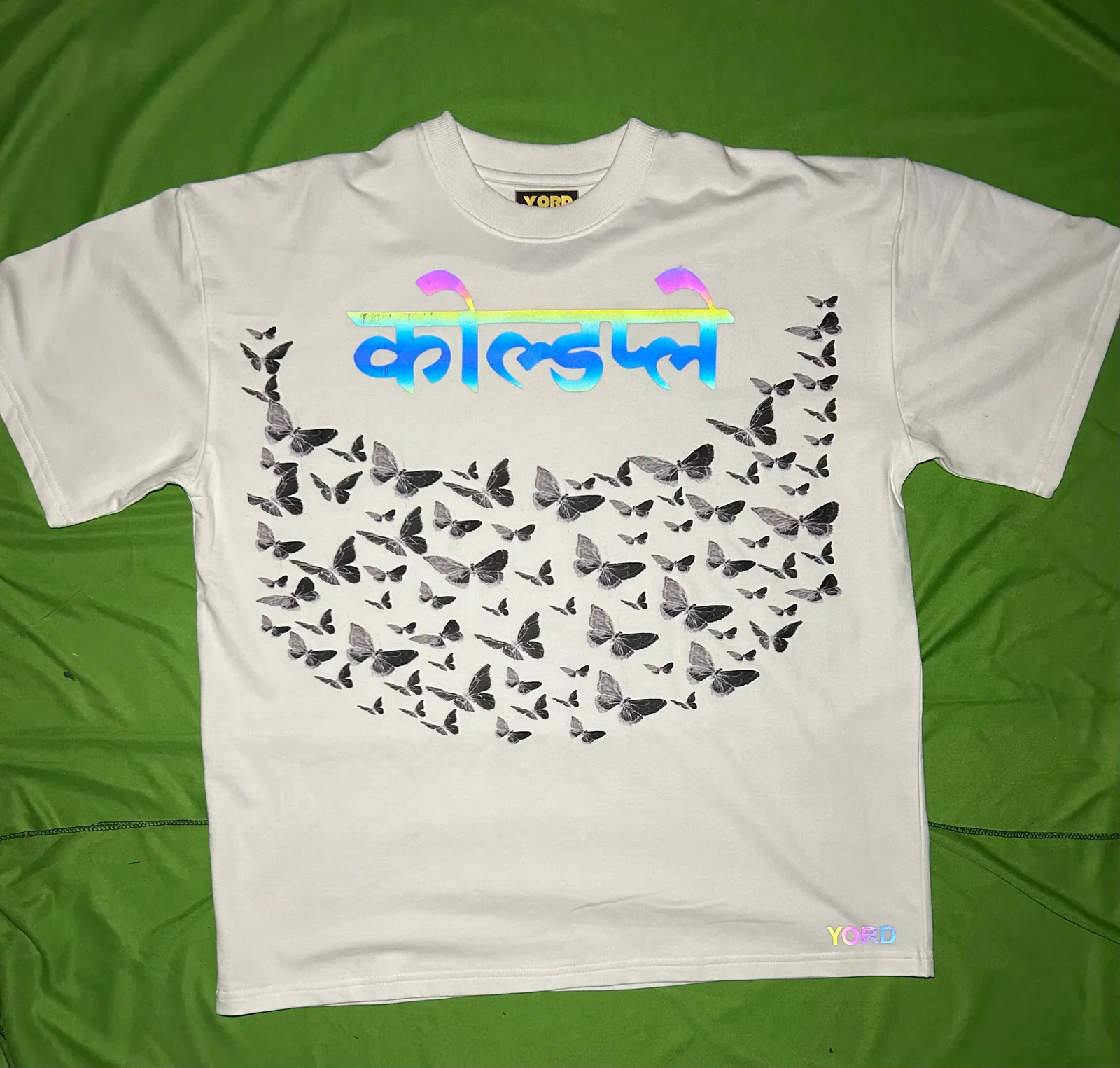 Coldplay Hindi Butterfly Premium French Terry Rainbow Reflector T-Shirt White