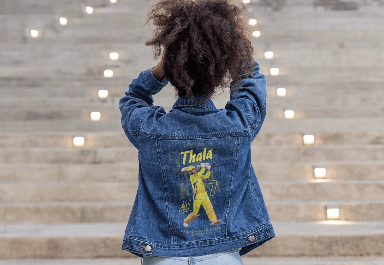 ['Premium CSK Thala Tribute Hand-Painted Denim Jacket by YORD (Denim) - photo 1 of 8', 'Premium CSK Thala Tribute Hand-Painted Denim Jacket by YORD (Denim) - photo 2 of 8', 'Premium CSK Thala Tribute Hand-Painted Denim Jacket by YORD (Denim) - photo 3 of 8', 'Premium CSK Thala Tribute Hand-Painted Denim Jacket by YORD (Denim) - photo 4 of 8', 'Premium CSK Thala Tribute Hand-Painted Denim Jacket by YORD (Denim) - photo 5 of 8', 'Premium CSK Thala Tribute Hand-Painted Denim Jacket by YORD (Denim) - photo 6 of