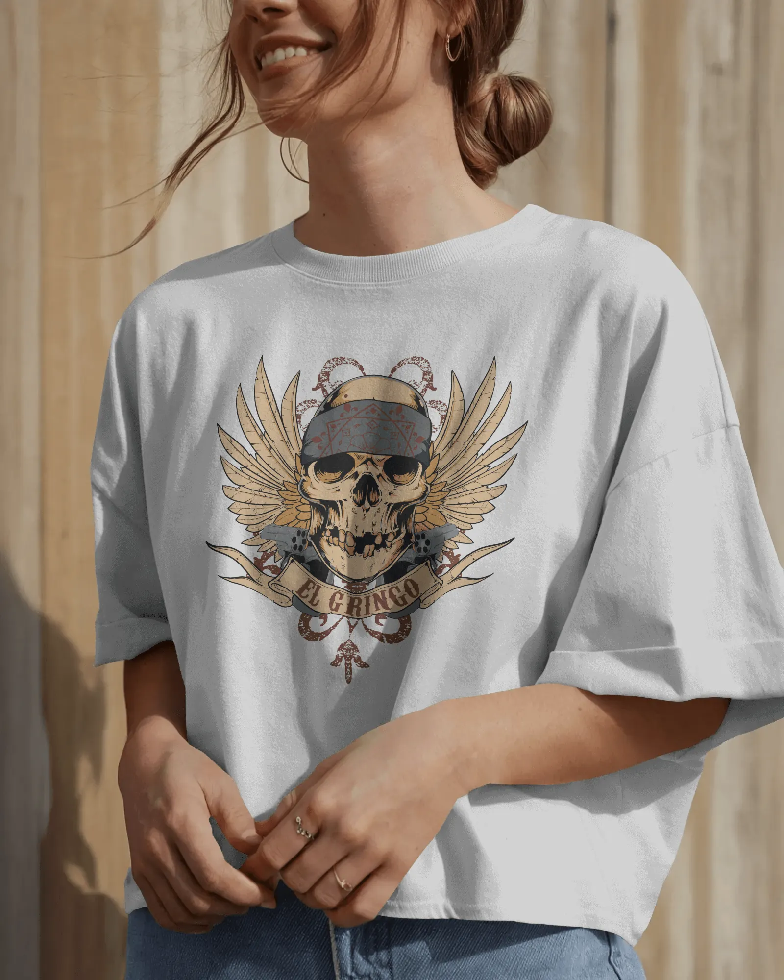Premium El Gringo Skull Wings Oversized T-Shirt - alternate view