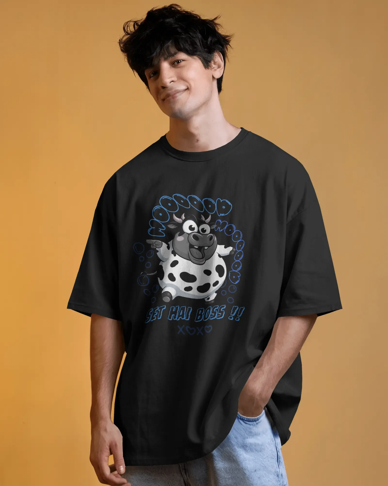 Premium Oversized 'Moo Boss' Cartoon Cow T-Shirt - alternate view