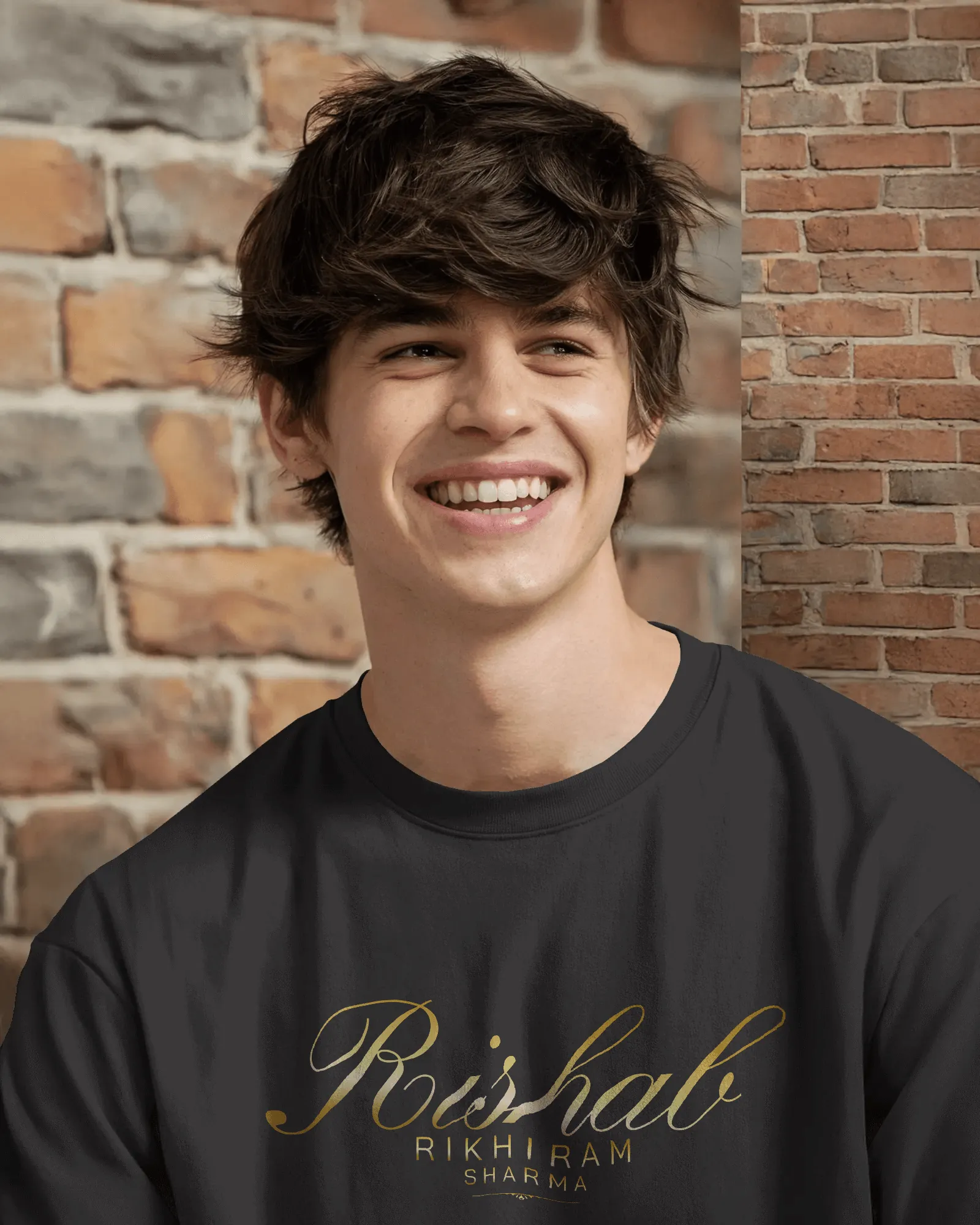 ["Premium Hand Printed Oversized 'Rishab Rikhiram Sharma' Gold Script T-shirt by YORD (T-Shirts) - photo 1 of 9", "Premium Hand Printed Oversized 'Rishab Rikhiram Sharma' Gold Script T-shirt by YORD (T-Shirts) - photo 2 of 9", "Premium Hand Printed Oversized 'Rishab Rikhiram Sharma' Gold Script T-shirt by YORD (T-Shirts) - photo 3 of 9", "Premium Hand Printed Oversized 'Rishab Rikhiram Sharma' Gold Script T-shirt by YORD (T-Shirts) - photo 4 of 9", "Premium Hand Printed Oversized 'Rishab Rikhiram Sharma' Go